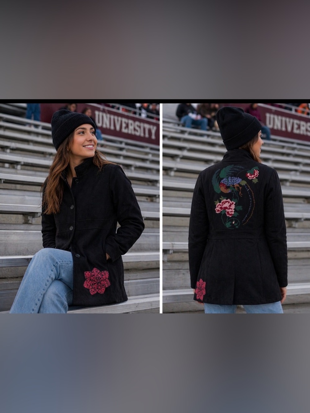 NWT Women’s Smash Embroidered coat, black, unique, size Medium.
